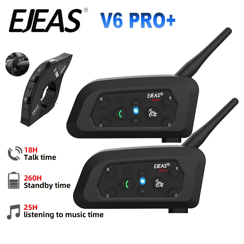 

EJEAS V6 PRO + Bluetooth-гарнитура для мотоциклетного шлема, домофонная гарнитура, 2 гонщика, связь, 800 м, IP67, водонепроницаемая, CVC, шумоподавление, EUC MP3