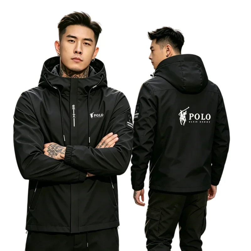 2026 Spring Autumn Men Lightweight Hooded Windbreaker Windproof Loose Fit Print Full Zip Casual Street Sports Outdoor Jacket