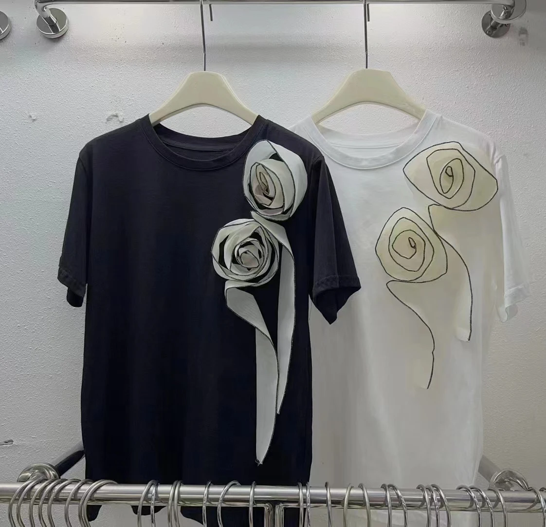 2024 Summer Fashion Retro High-End T-shirts Three-Dimensional Flower Short-Sleeve T-shirt Women's Loose Comfortable Tops