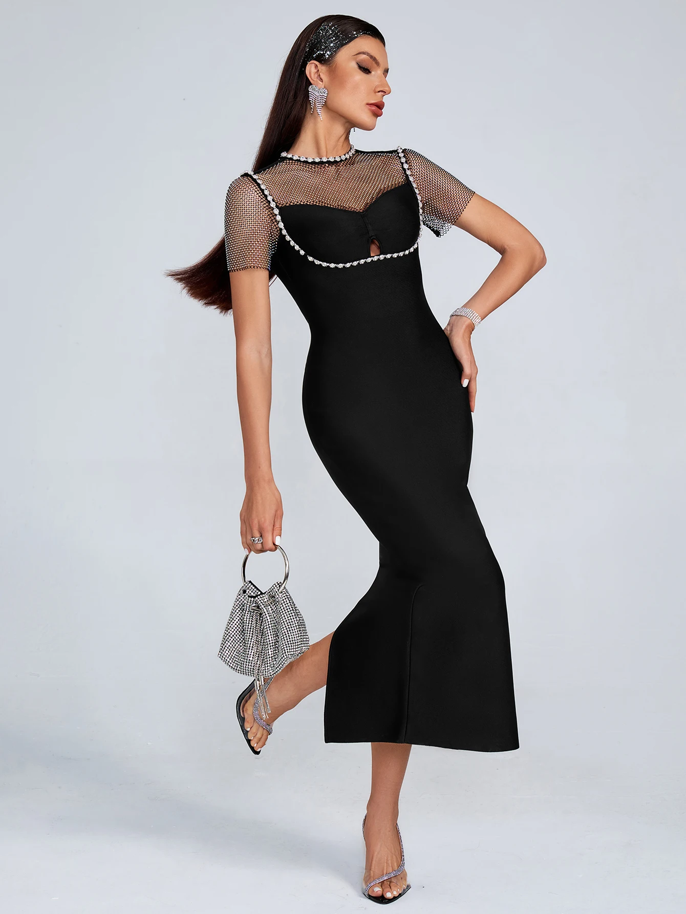 Fashion European And American Celebrity Clothing Sexy Slim Black Short-sleeved Mesh Diamond-encrusted Bandage Dress Chic Wear