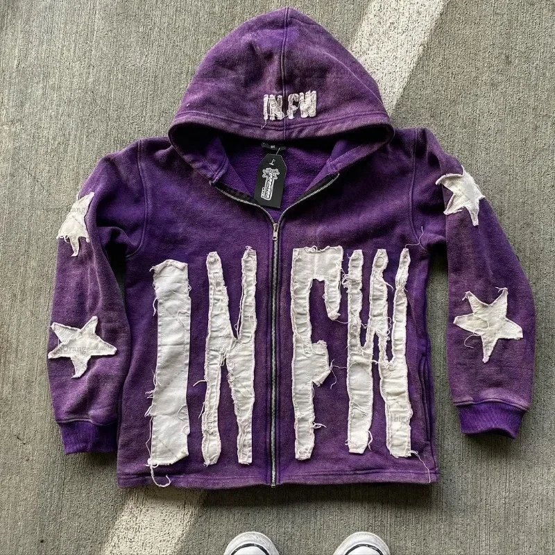 Avrupa ve amerikan mektup nakış boy Hoodie kadınlar Y2K yüksek sokak çift ceket Retro gevşek fermuar kazak erkekler