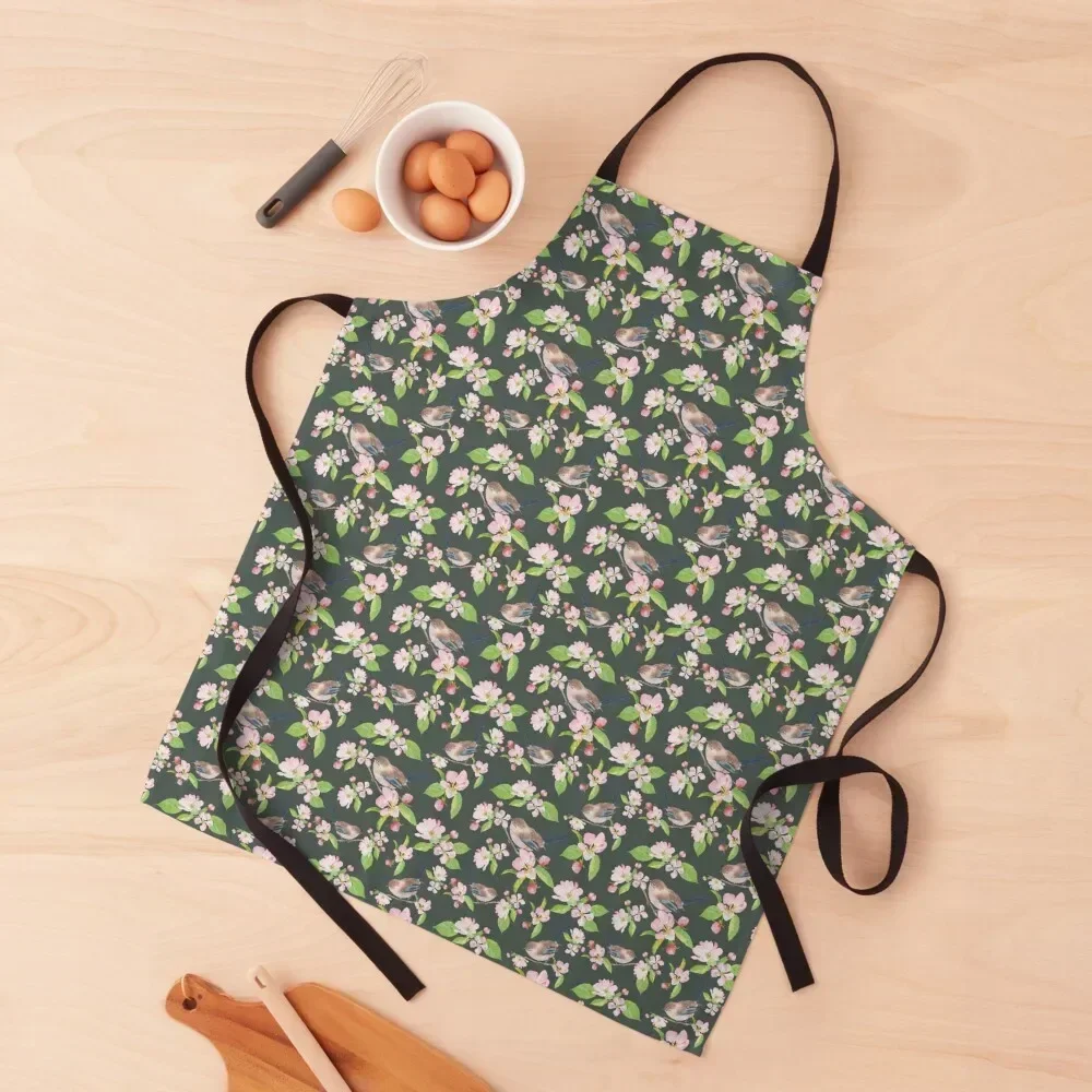 

Fairy Wren and Apple Blossoms on Olive Green background Apron for kitchen useful Chef Uniform Women Apron