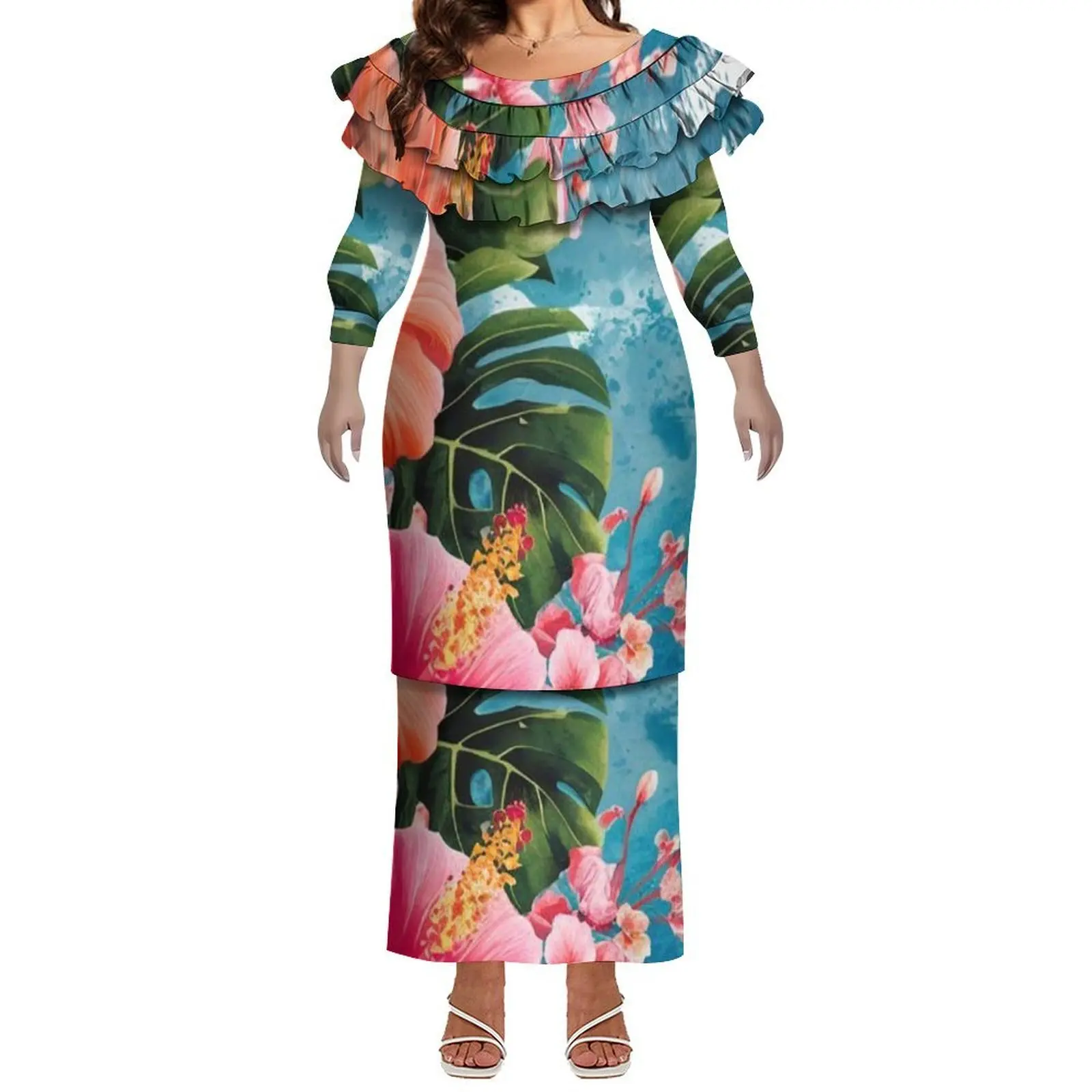 Polynesian Custom-Made Dress With Hibiscus Pattern And Lotus Leaf Lace Puletasi Suit Dress For Women Long Evening Dress