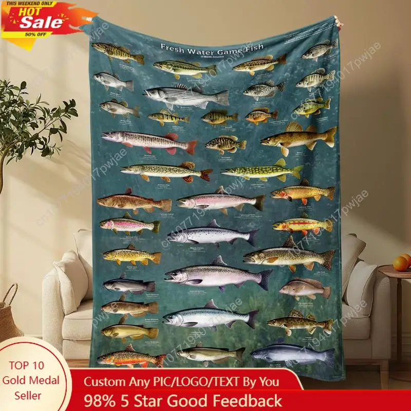 Freshwater Game Fish Pattern Blanket CountsSoft and Comfortable Air-conditioned RoomThrow Warm Nap Blanket for Custom Blankets
