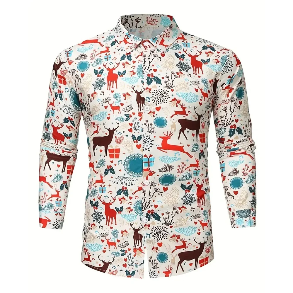 Christmas Men 3D Christmas Tree Printed Shirt Santa Pattern Button Long Shirt Fashion Long Sleeve Shirt Individual Style Tops