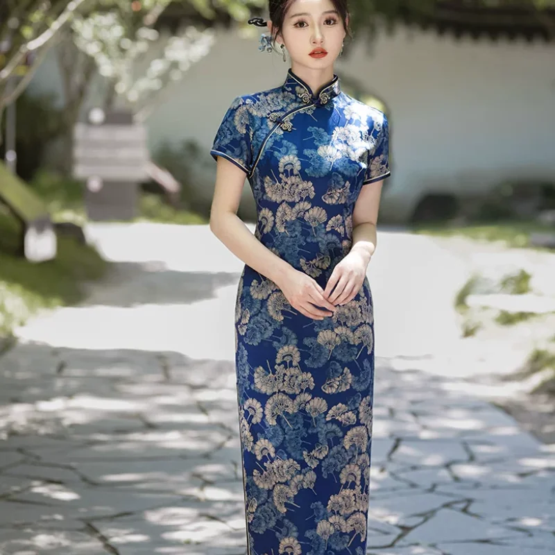 

Chinese Plus size Tang Style Summer Silk Cheongsam Long Skirt Dress Retro Performance Costume