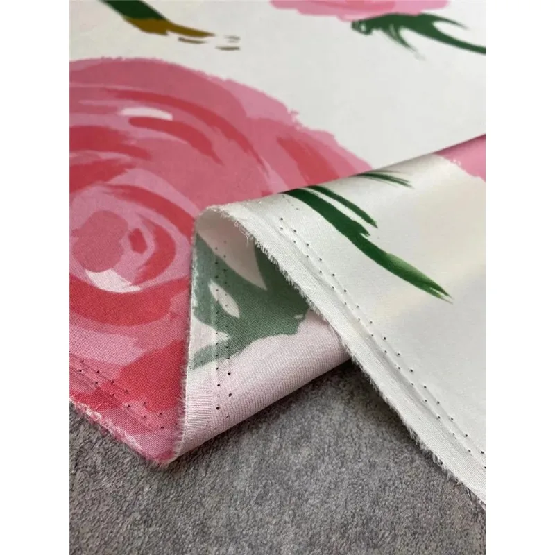 Brand Pink Flower Print Elastic Twill Silk Fabric Mulberry Silk Spring Summer Clothing Fabric For Sewing DIY Designer Fabrics