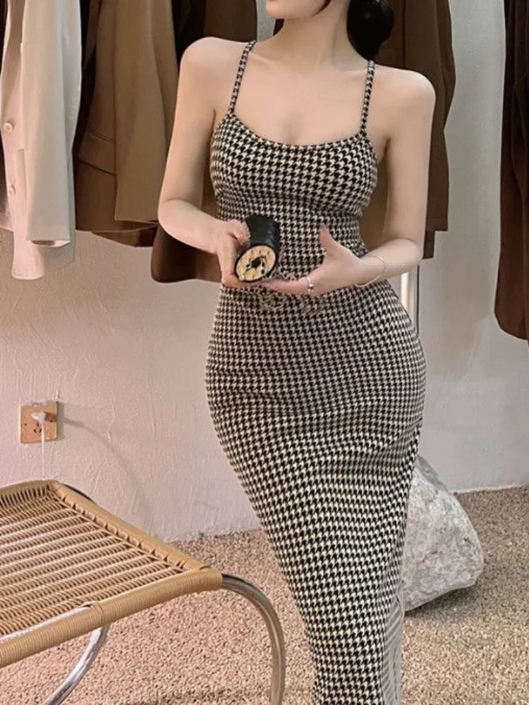 

Summer Houndstooth Women Temperament Dress Vintage Slim Waist Sleeveless Female Midi Dresses New Party Backless Bandage Vestidos