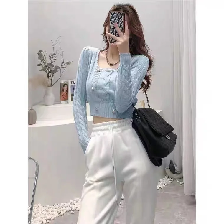 Slim Young Lady Knitting Pullovers Short Design Long Sleeve Square Collar Fashion Female Knitted Pullovers Sweet Women's Sweater