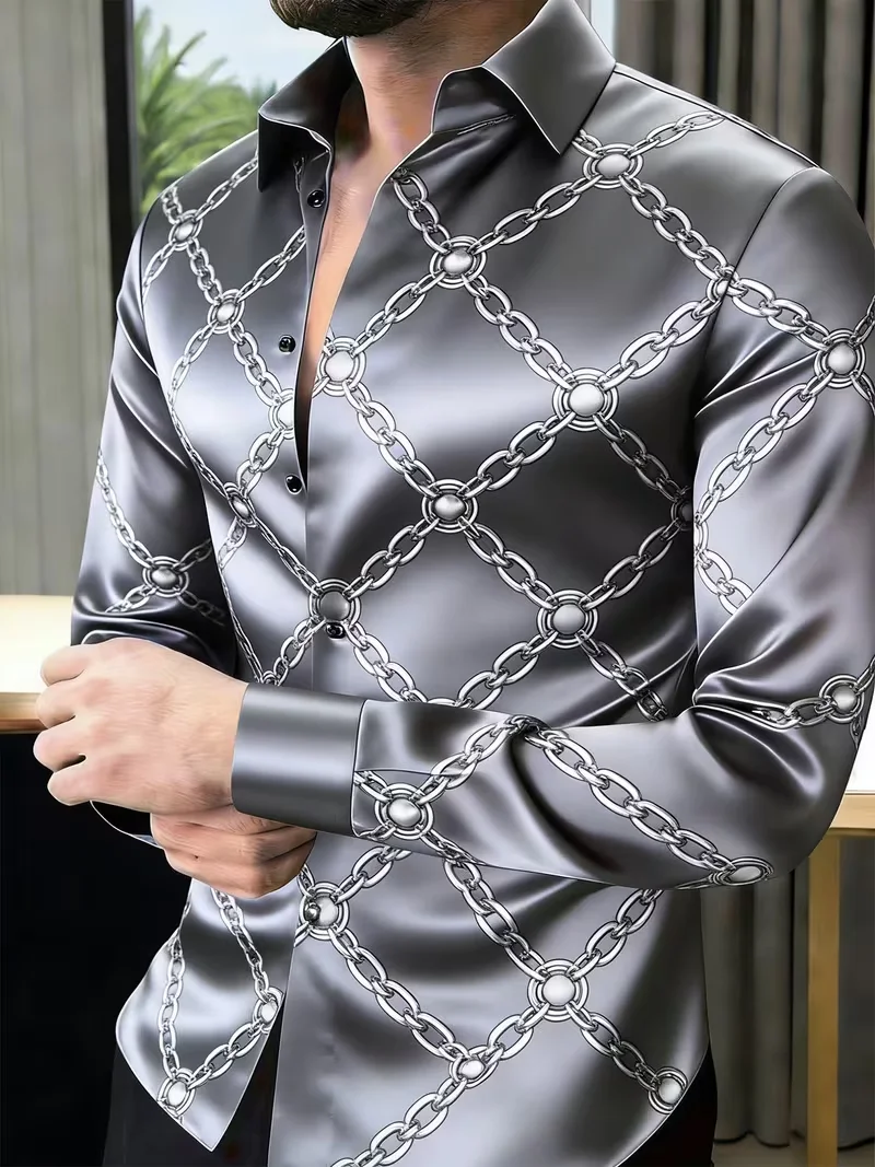 New men's geometric business shirt with glossy navy blue diamond grid polka dot art full print long sleeved shirt