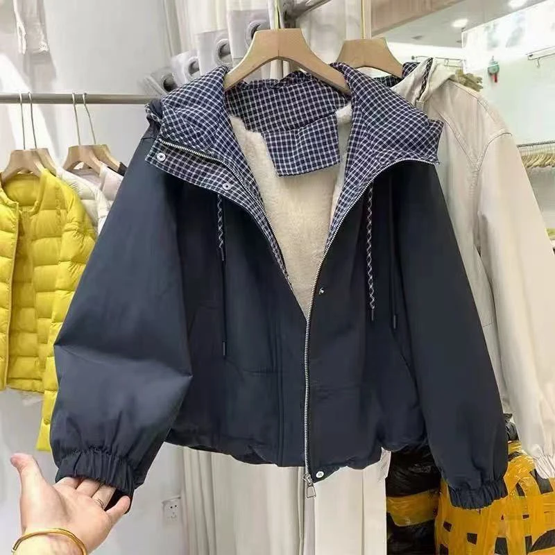 

MEXZT Hooded Fleece Jacket Women Harajuku Plaid Patchwork Coat Winter Fashion Streetwear Korean Long Sleeve Zipper Outerwears