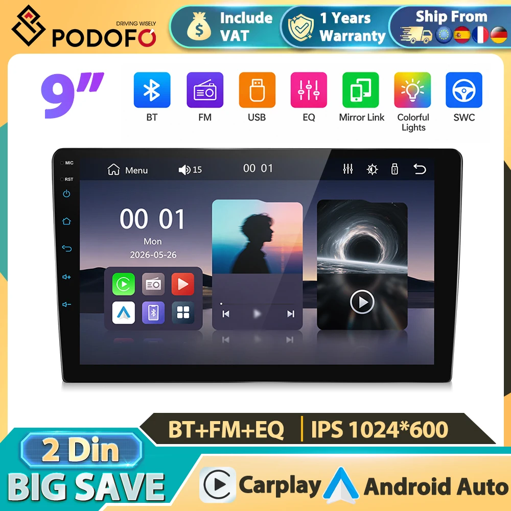 Podofo 9" Radio Samochodowe MP5 z CarPlay i Android Auto, Radio Bluetooth, FM, EQ, Mirror Link, Sterowanie z Kierownicy, Odtwarzacz Multimedialny do Samochodu