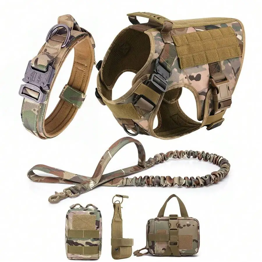 

4pcs Tactical Dog Gear Set, Adjustable Vest Leash Collar with Water Bottle Holder & Waist Bag, Durable Nylon & Heavy Duty Metal Buckles for Small Medium Large Dogs