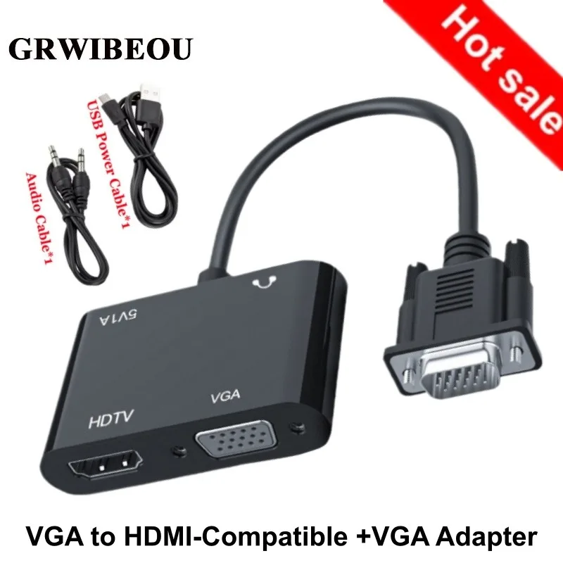 VGA to HDMI-Compatible + VGA Adapter Converter 1 Input 2 Output Splitter Adapter for Computer Desktop Laptop Monitor Projector