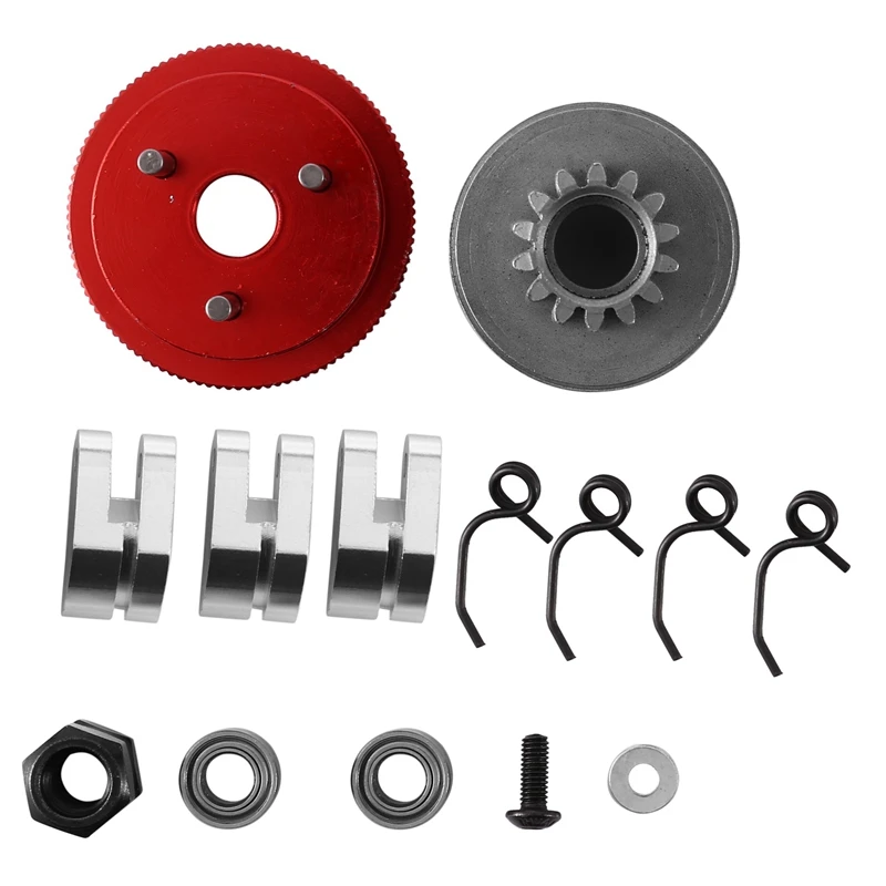 Clutch Bell Shoes Bearing 14T Gear Flywheel Assembly Kit Set Springs Cone Engine Nut for 1/8 RC Car Axial (Red+Silver)