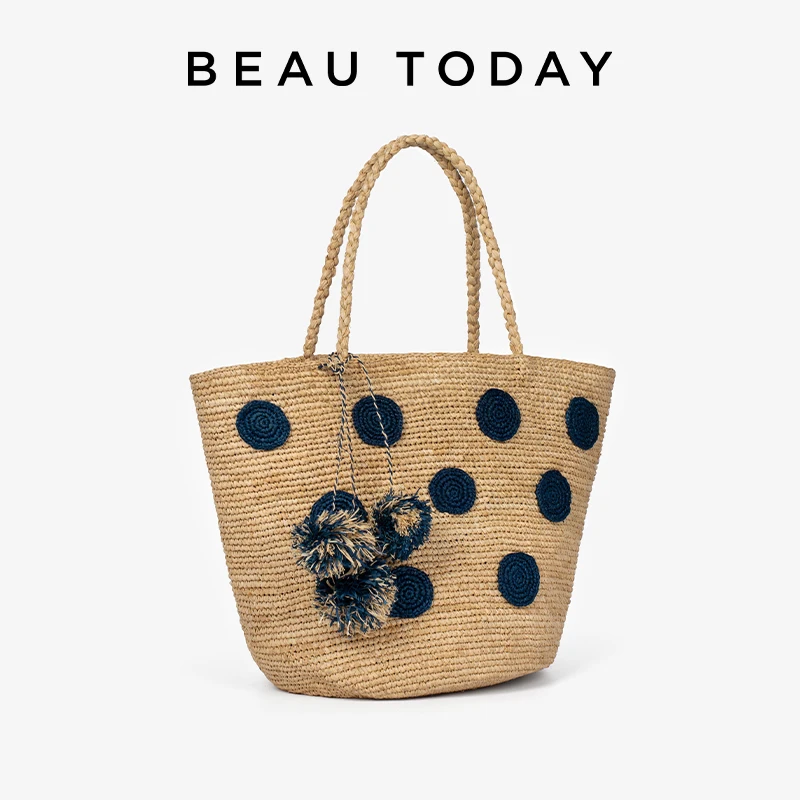 

BEAUTODAY Casual Tote Women Raffia Polka Dots Vacation-Style Large Capacity Square Handbags Open Ladies Bags Handmade 62098