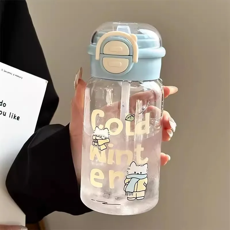 

Cute Kids Plastic Straw Water Bottle For Kindergarten Girls Cartoon Double Drinking Sippy Water Cup With Lid Portable Juice Cup