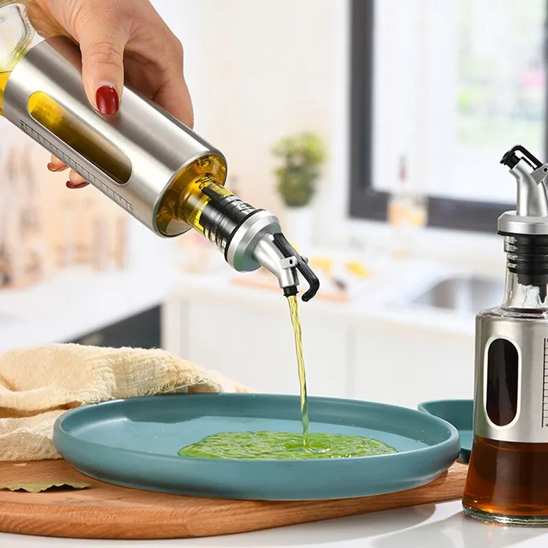 1PC 300ML Kitchen Supplies Stainless Steel Oiler Glass Bottle Scale Visible Oil Pot Seasoning Sauce Bottle Kitchen Supplies