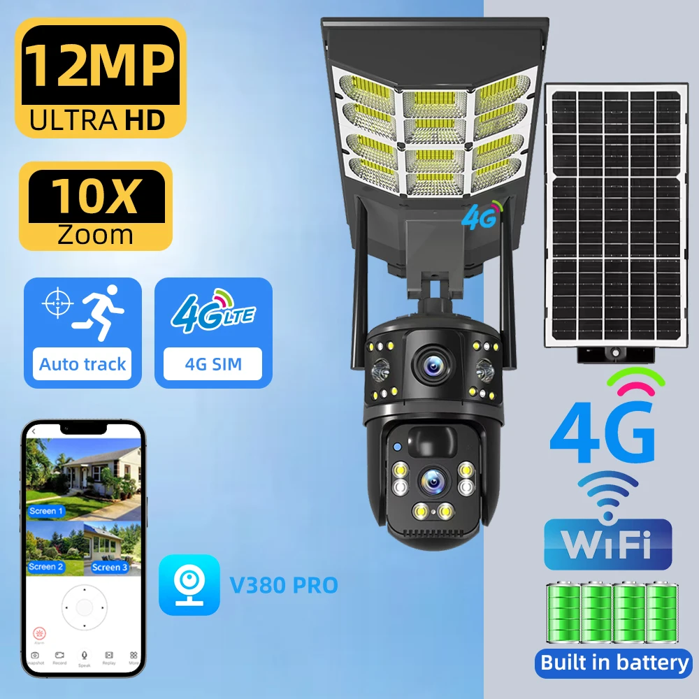 

V380 PRO 4G Беспроводная 6K 12MP камера безопасности Открытая ферма ночного видения IP66 Водонепроницаемый солнечный уличный фонарь Защита безопасности