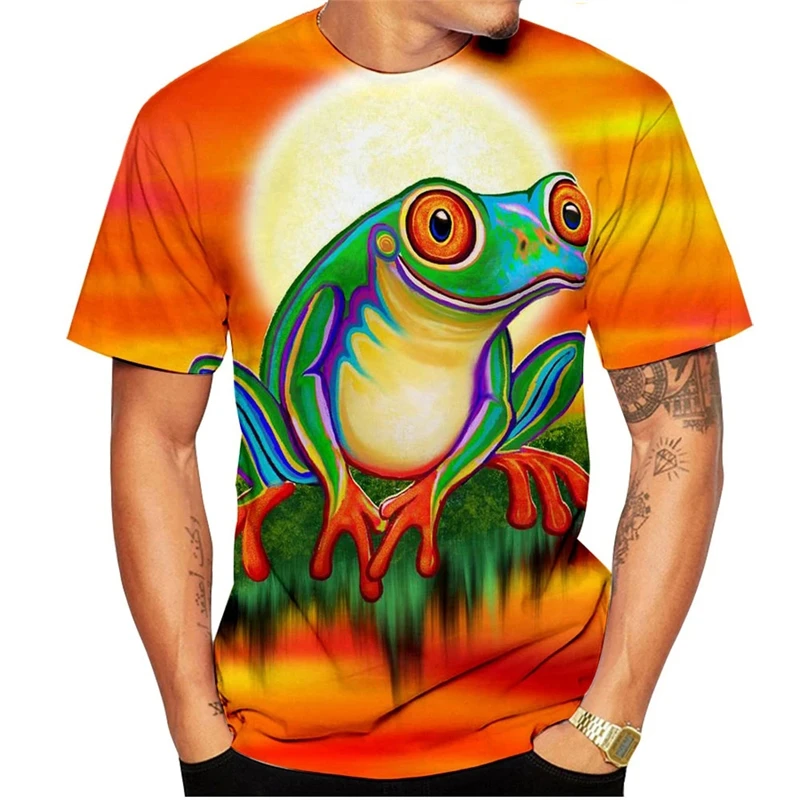 Cute Frog 3D Print T Shirt Men Clothing Summer Animal Print O-Neck Short Sleeve Top Casual Tee Kid Oversized Fashion Streetwear