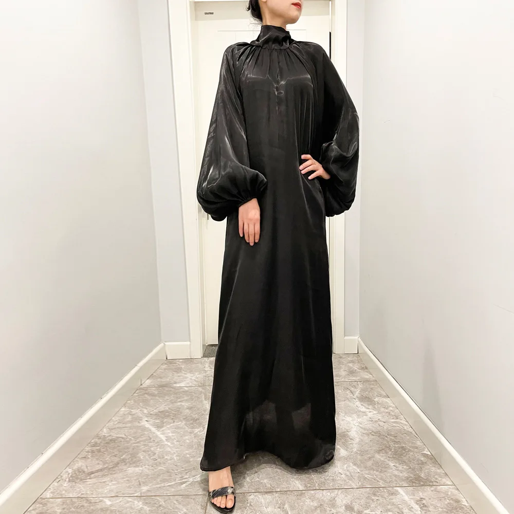 YZZ Muslim Woman Dress Middle East Dubai Abaya Lantern Sleeve Bright Silk Turkey Dresses 2022 Luxury Evening Dress