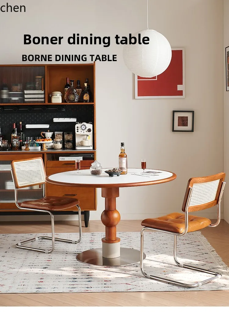 

LXC Solid Wood Rock Plate Dining Table Small Apartment Home Use Medieval Round Table Living Room Round Table