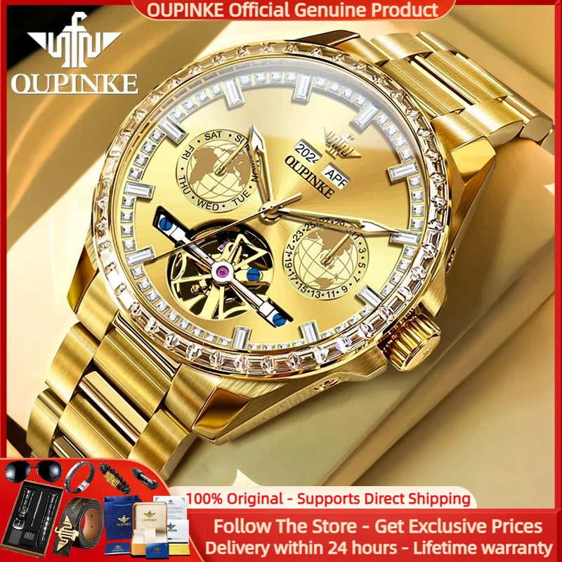 

OUPINKE 3280 Men Watch Gold Luxury Original Automatic Movement Mechanical Watch Diamond Hollow Waterproof Men Watch Reloj Hombre