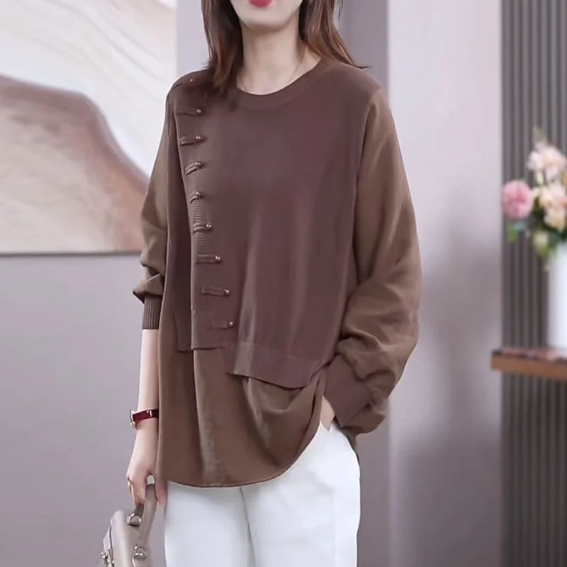 

Good Style High-end Fake Two-piece Knitted Shirt Large Covering Flesh and Hips Loose Wearing Outside