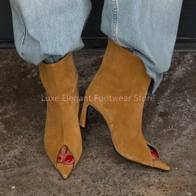 Botines de ante color camel con punta abierta y corte en V, estilo retro, de color liso, tipo sandalias, para mujer, a la moda, ideales para fiestas, verano y otoño, calzado nuevo.