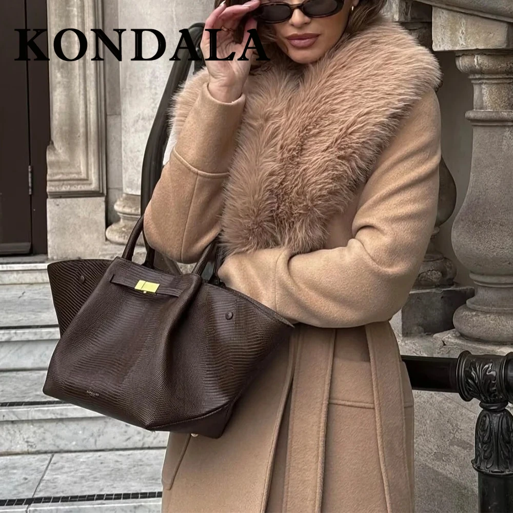 KONDALA Chic Khaki Fashion 2025 Winter Elegant Sashes Woman Luxurious Tweed Coats Pocket Fur Collar Vintage Coat Female Outwear
