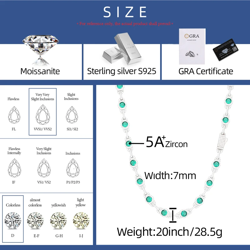 NASIA 7mm Iced Out D VVS Moissanite 925 Sterling Silver Prong Link Chain Green Round CZ Men Women Bracelet Jewelry 2026
