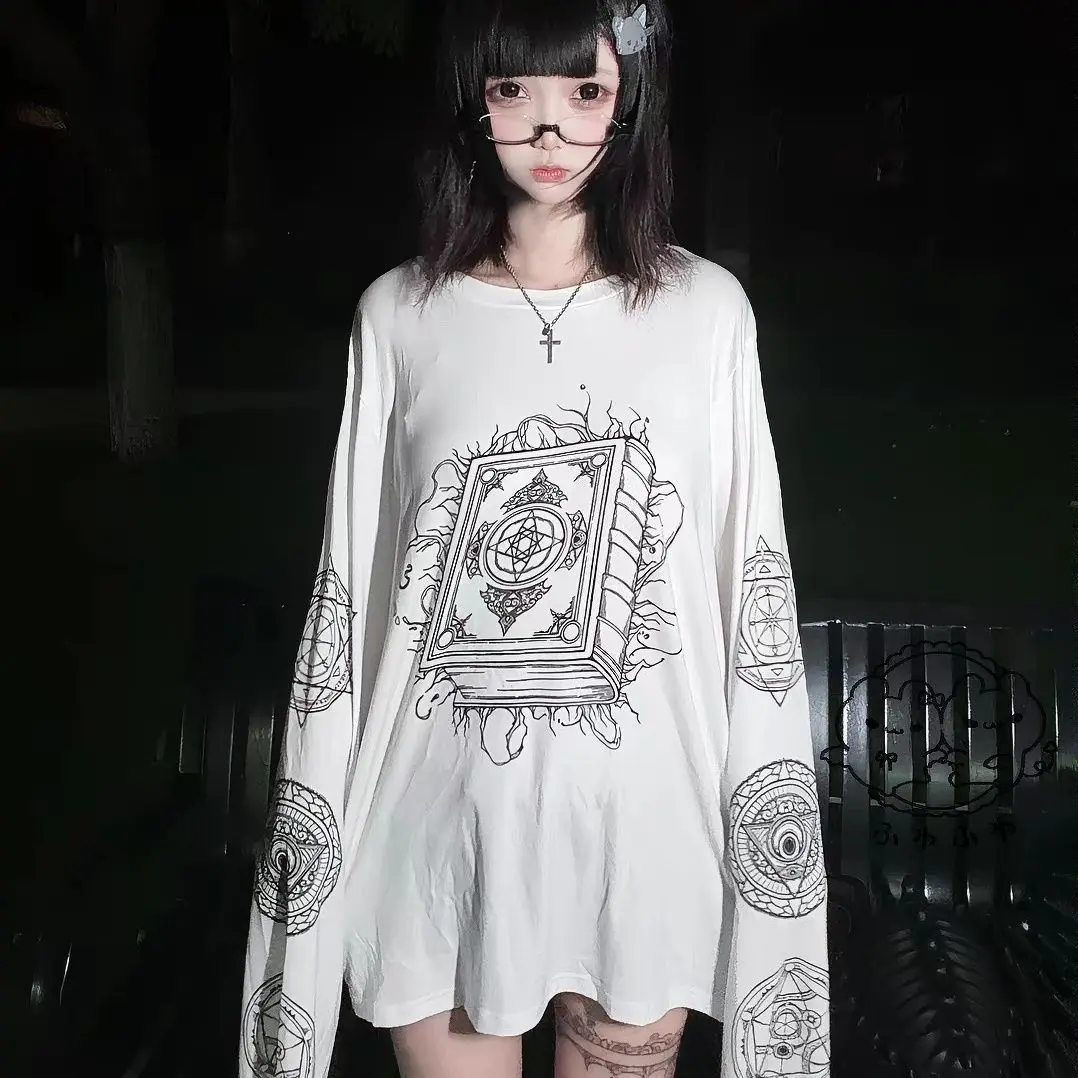 Gothic Dark Magic Array Magic Book Cute Long Sleeve T-Shirt Harajuku Style Loose Top Spring Summer Autumn Unisex round Neck