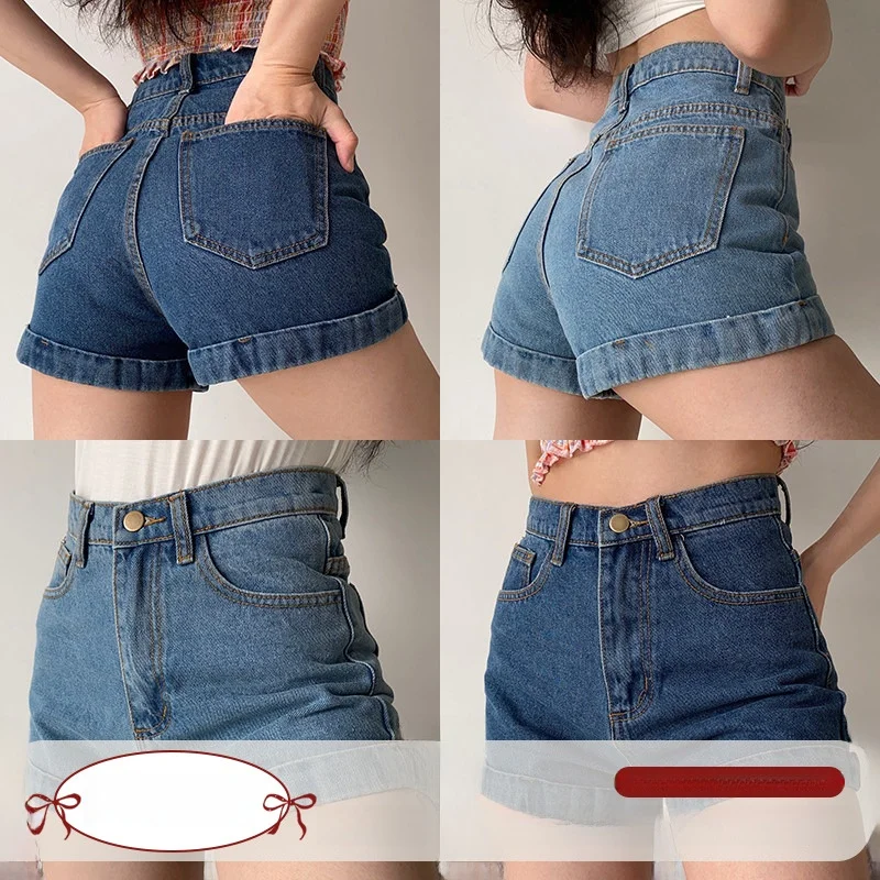 Classic American Retro High Waist Cuffed Denim Shorts Women's Summer Slimming Hot Pants Straight Leg Short Jeans KZ0044