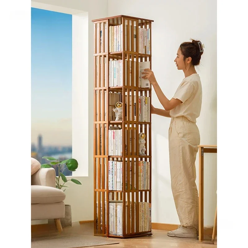 Chinese Simple Bookcase for Study 360° Rotating Layered Storage Bookcases Creative Bamboo Rotating Bookcase for Living Room