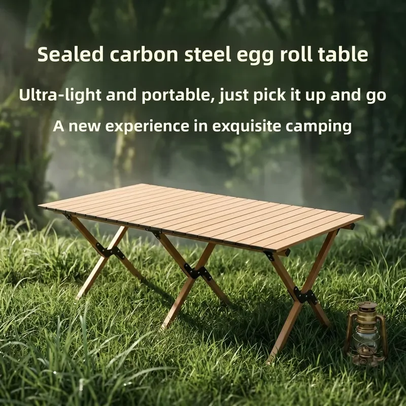 Portable Folding Camping Picnic Table Carbon Steel Wood Rectangle Design Outdoor BBQ Cooking Furniture Egg Lattice Style