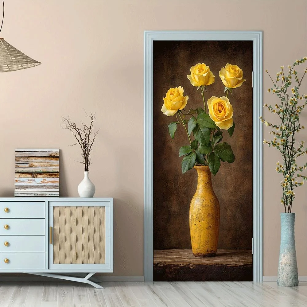2pcs retro style yellow rose wall stickers European countryside flower decoration stickers living room bedroom entrance wall sel