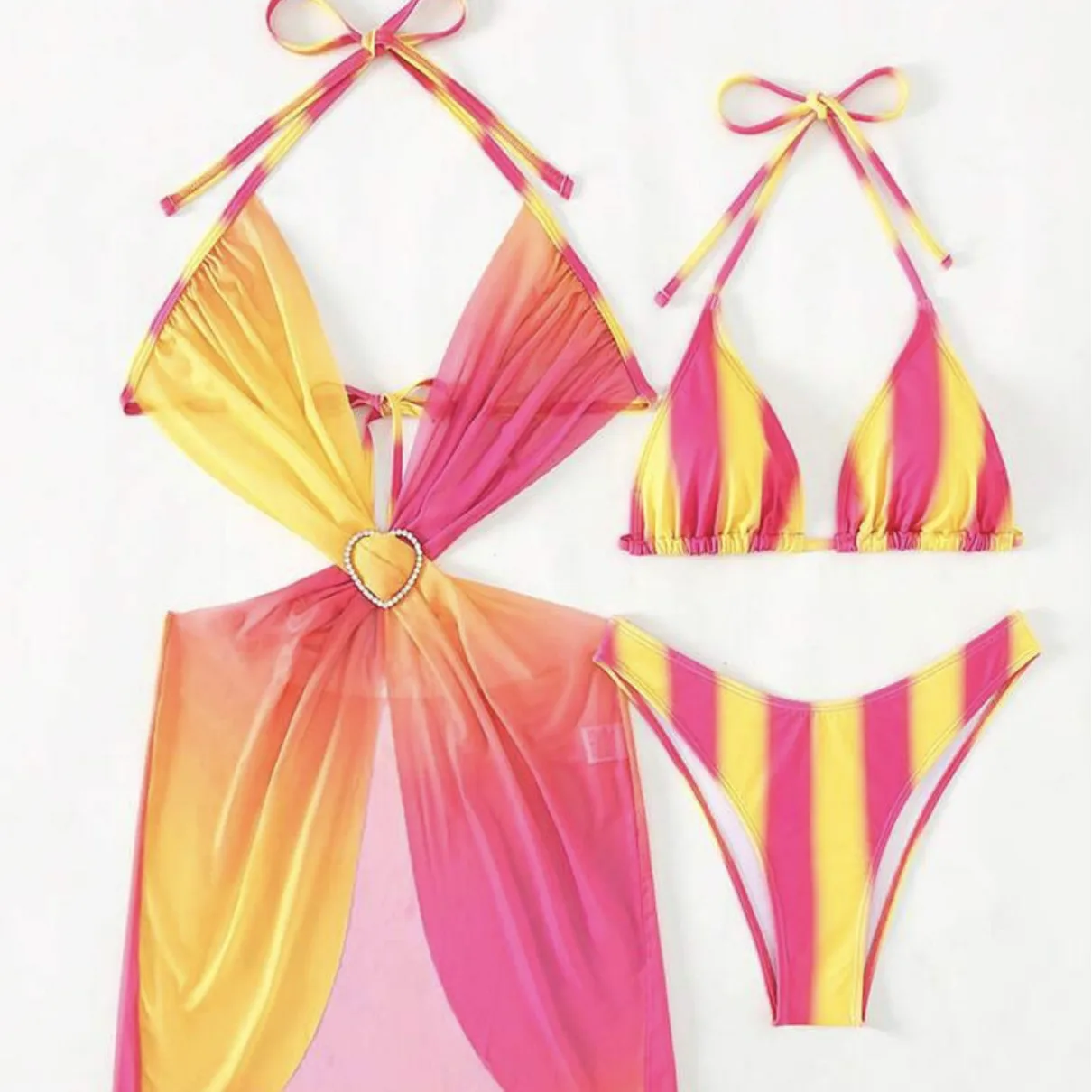 2025 خطوط أوروبية وأمريكية جديدة تغيير تدريجي تنورة شبكية الحب ثلاث قطع ملابس السباحة بيكيني بيكيني