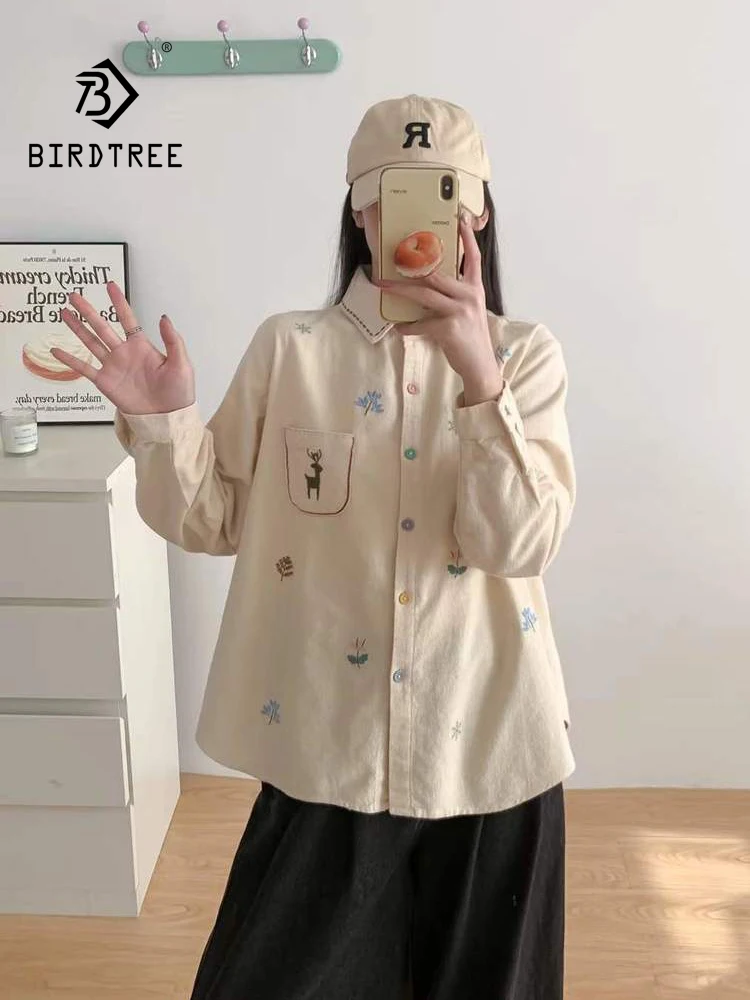 

New 2025 Winter Cotton Long Sleeve Brushed Shirt, Women Turn-down Collar Embroidery, Mori Girl Christmas Loose Blouse T5D143CC