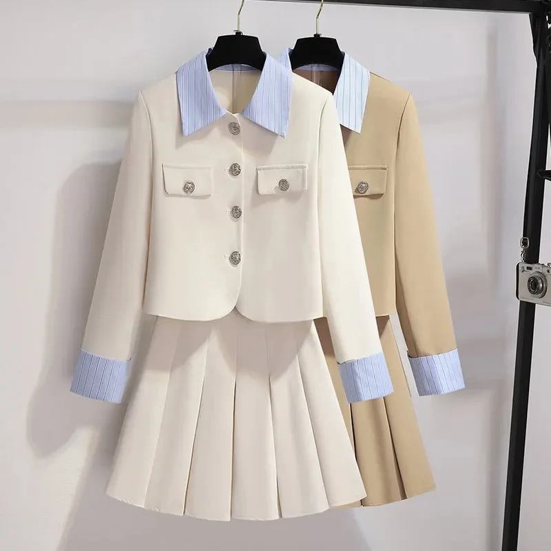 Spring Autumn Skirt Suits Women 2024 New Jacket Skirts Two-Piece Suit Fashion Single-Breasted Coat Pleated Skirt Sets Female