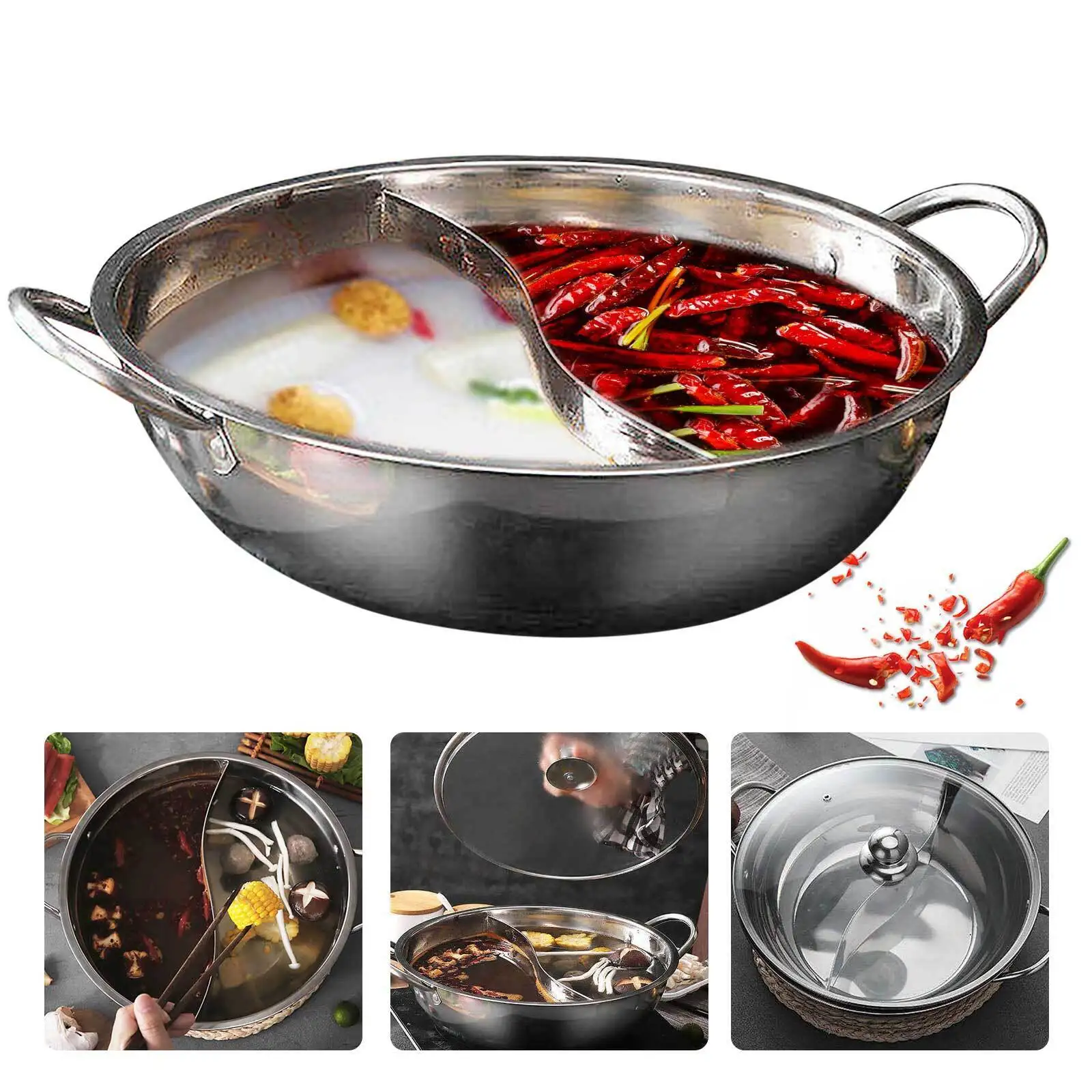 

12" Stainless Steel Shabu Hot Pot Dual Side Divider Pot with S-type Separator and Glass Lid Hot Pot with Lid Stainless Steel