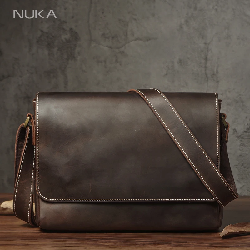 NUKA Men's Genuine Leather Shoulder Bag Retro Original Cowhide Horizontal Crossbody Deluxe Flap Messenger Bags For 11 Inch Ipad