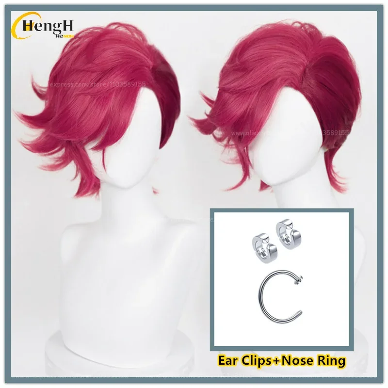 

In Stock Game LOL Arcane Vi Synthetic Rose Red Siad Part Cosplay Anime Wig Vi Earrings Heat Resistant Hair Halloween Party Wigs