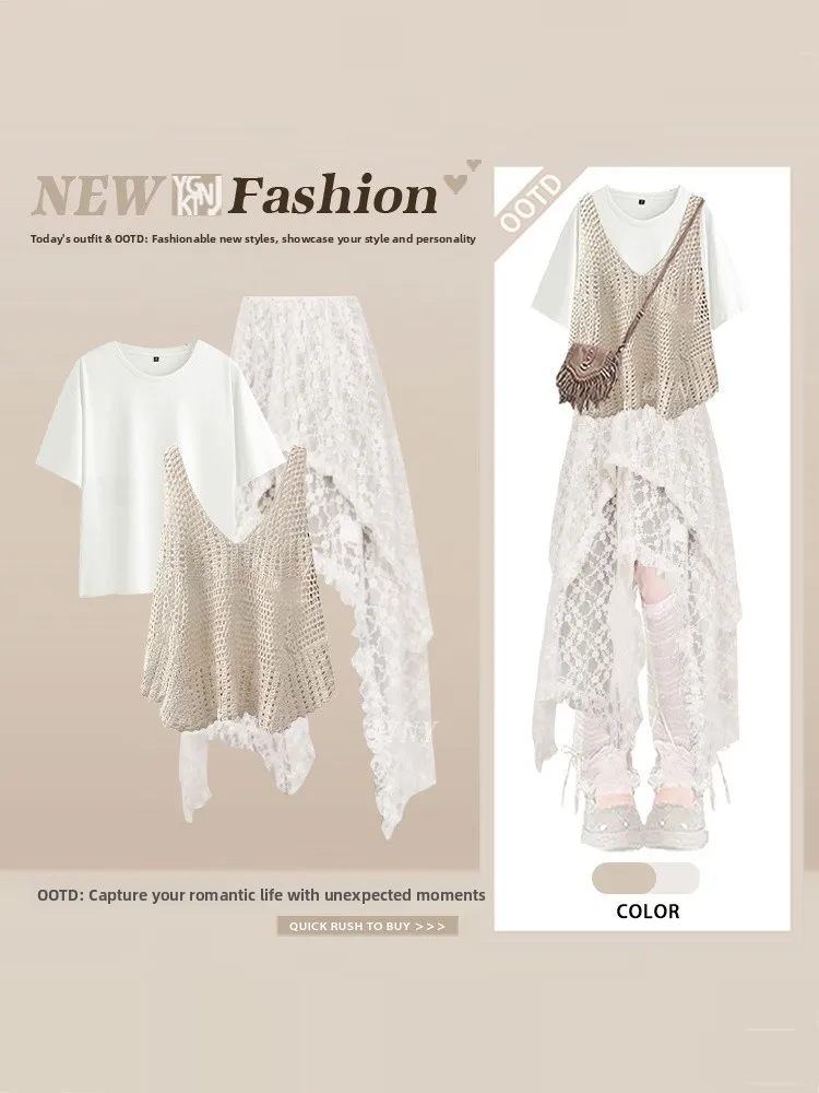 

Summer Lace Short Sleeve T-Shirt Bohemian Hollow out Hook Flower Cover up Women's Three Piece Set Gentle Wind Layering