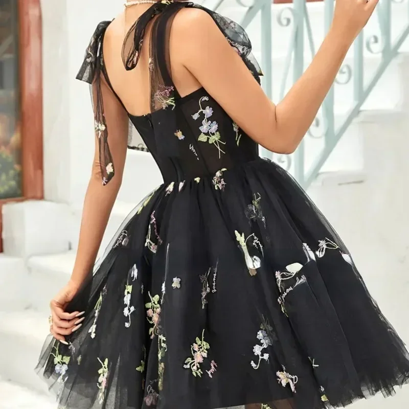 Customized Fresh Sling High Waist Evening Dresses Elegant Embroidery Floral Appliques Ball Gown Sweet Mesh Knee-length Princess