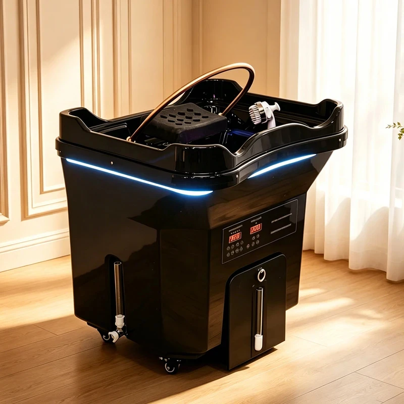 Black Portable Shampoo Basin with Water Circulation & Steam Therapy, No Plumbing Mobile Hair Washing Sink for Salon Home Use, wi