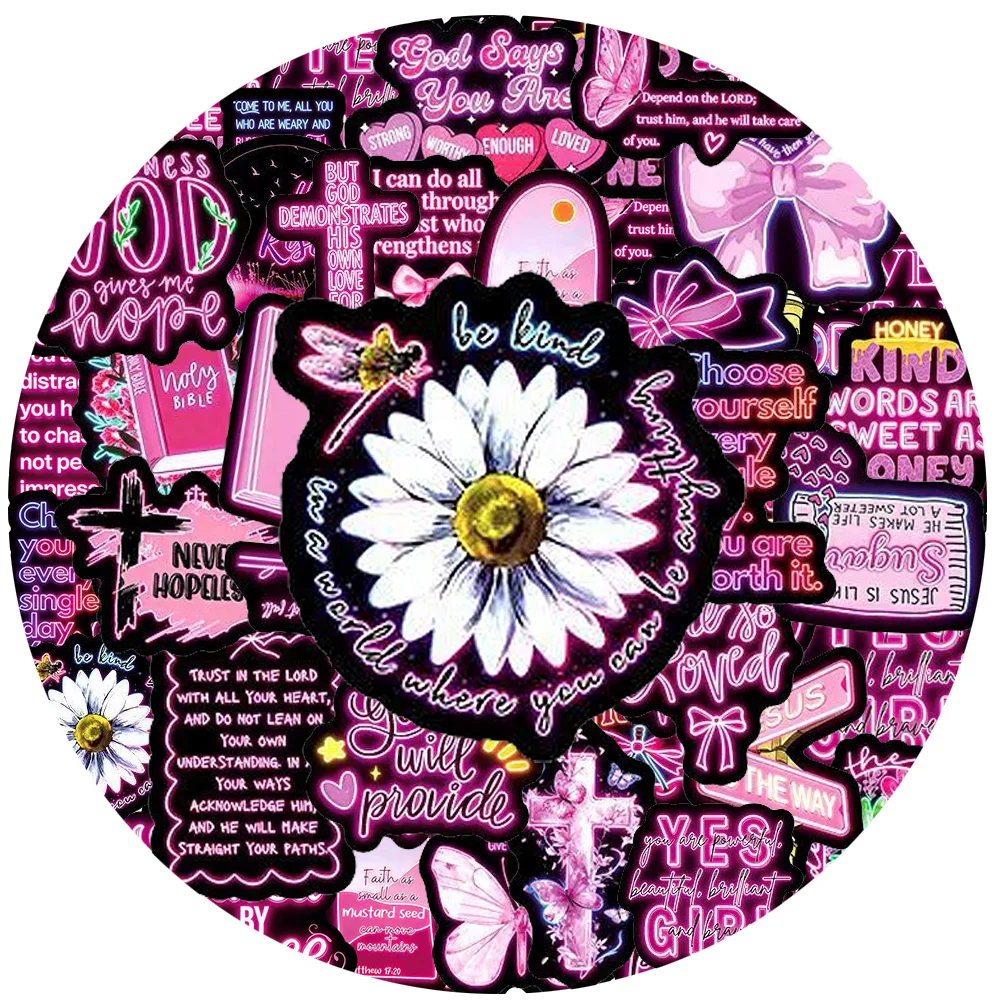 

10/30/50pcs Pink Neon Style Motivational Stickers Bible Inspirational Phrases Decals DIY Luggage Notebook Aesthetic Sticker Pack