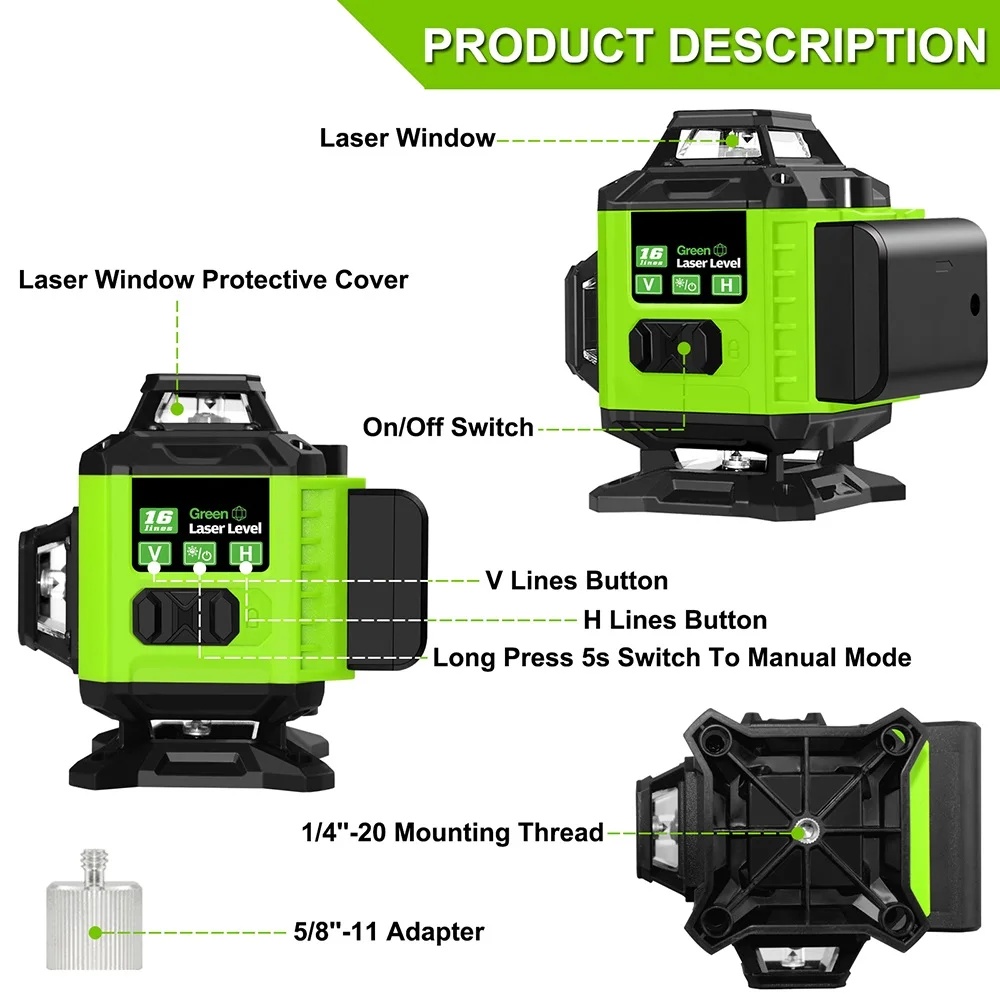 12 /16 Lines Laser Level 3D/4D 3° Cross Line Laser Leveler Multifunction & Remote Control Green Beam Lines with Li-ion Battery
