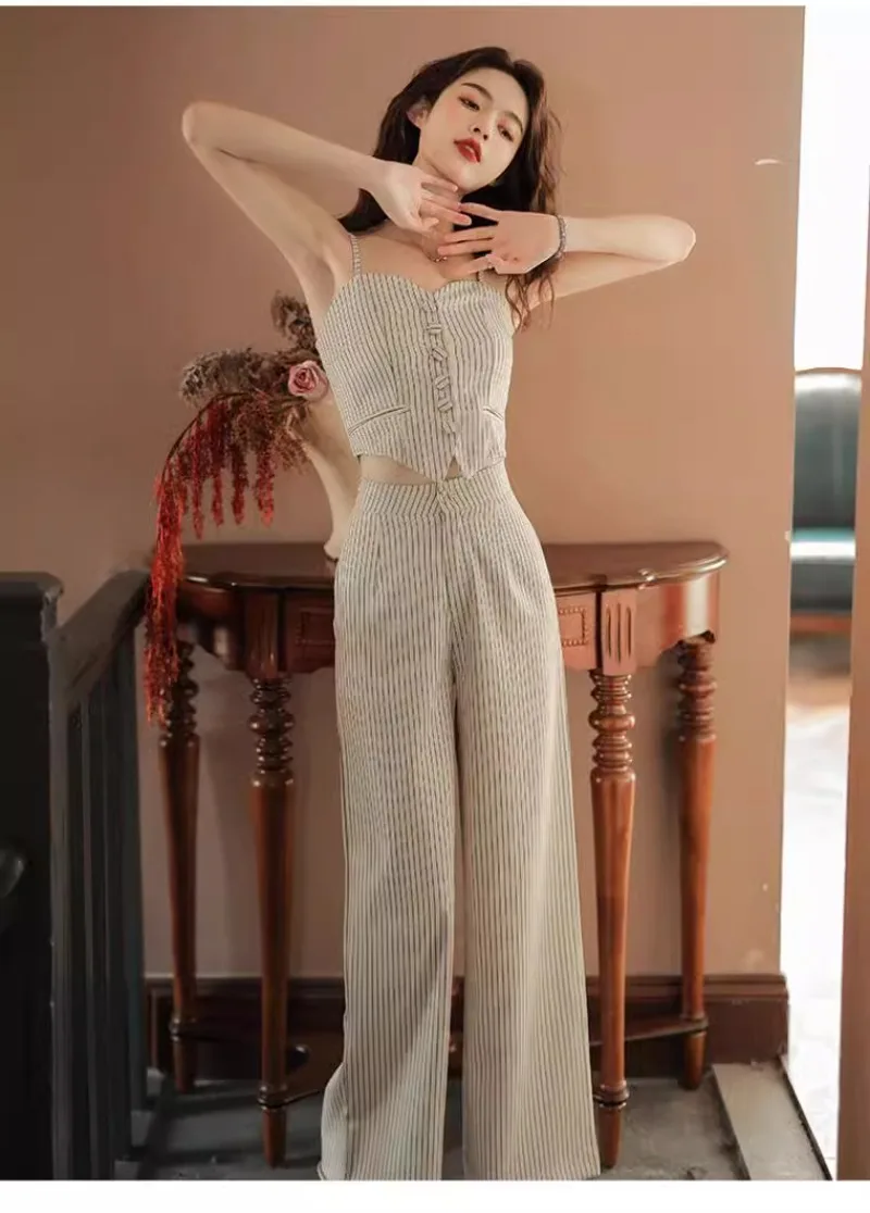 French Stripsling Vest Wide Leg Pants Two-piece Set Women Sleeveless Temperament Single Breasted Spicy Cool Slim Summer Suit New