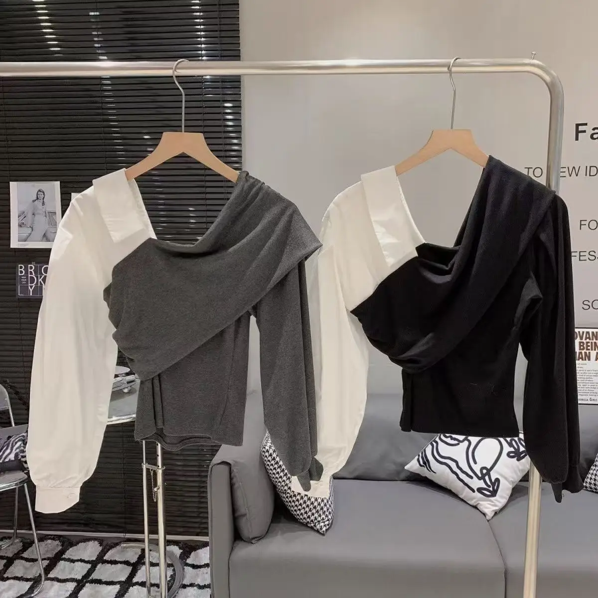 Camisas coreanas elegantes de manga larga con hombros descubiertos para mujer, Top informal de dos piezas falso ajustado con empalme Irregular de Color contrastante, verano 2025