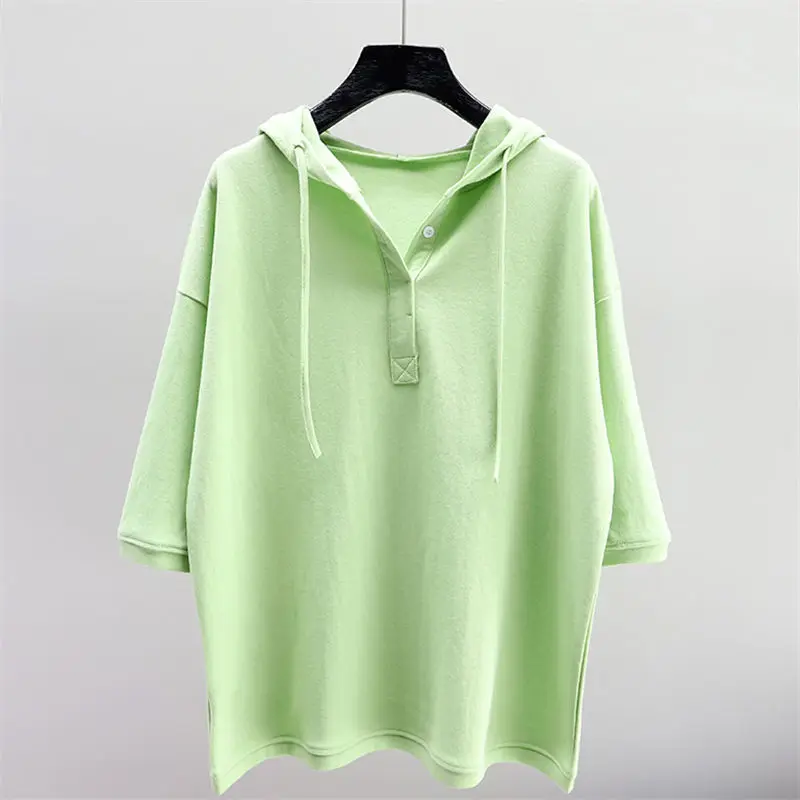 

Новые летние тонкие футболки с коротким рукавом, свободные однотонные топы больших размеров, винтажная модная женская уличная повседневная одежда с капюшоном